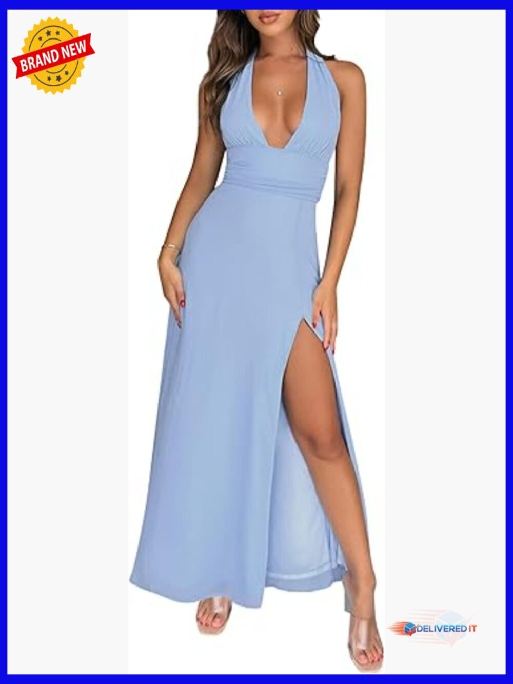 Sexy V-Neck Halter Maxi Dress Ruched Waist Backless Slit Cocktail Party